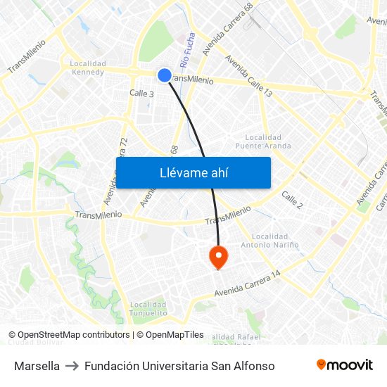 Marsella to Fundación Universitaria San Alfonso map