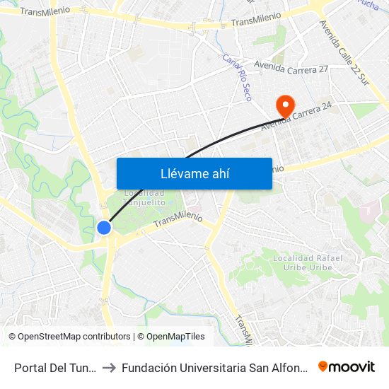 Portal Del Tunal to Fundación Universitaria San Alfonso map