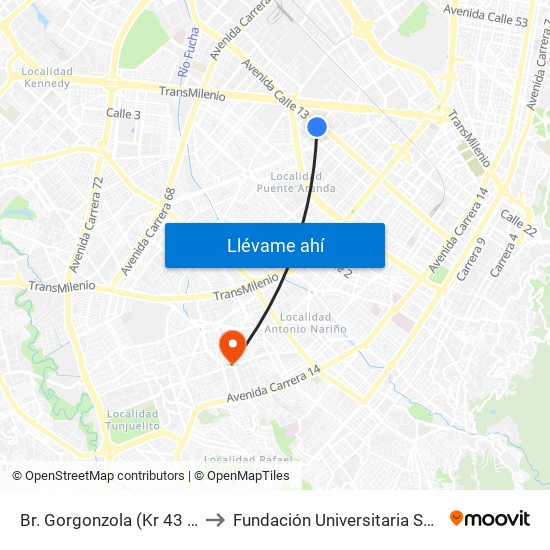 Br. Gorgonzola (Kr 43 - Cl 12b) to Fundación Universitaria San Alfonso map