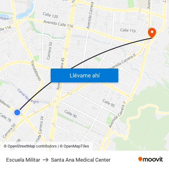 Escuela Militar to Santa Ana Medical Center map