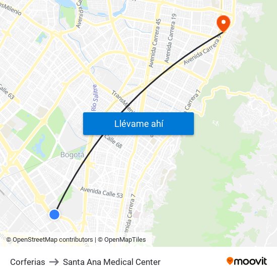 Corferias to Santa Ana Medical Center map