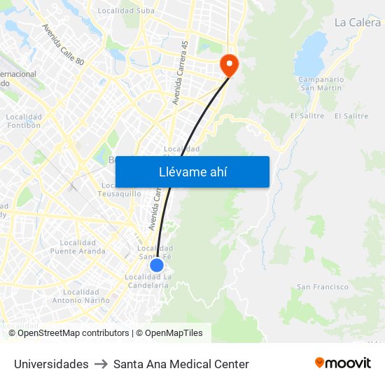 Universidades to Santa Ana Medical Center map