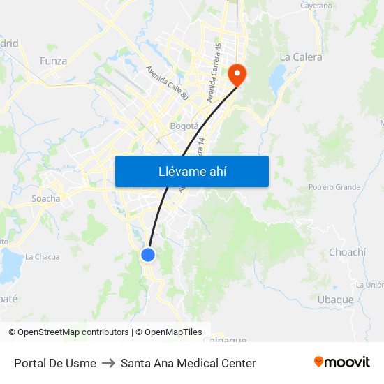 Portal De Usme to Santa Ana Medical Center map