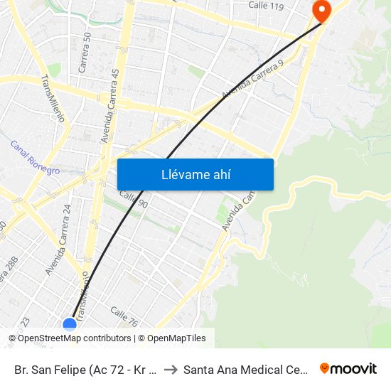 Br. San Felipe (Ac 72 - Kr 17) to Santa Ana Medical Center map