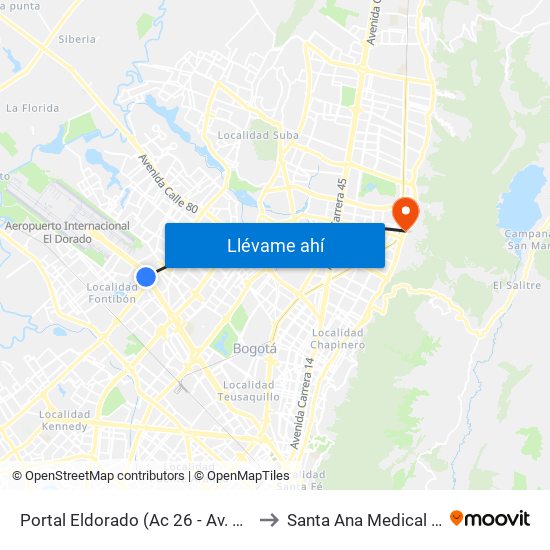 Portal Eldorado (Ac 26 - Av. C. De Cali) to Santa Ana Medical Center map