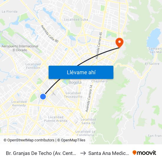 Br. Granjas De Techo (Av. Centenario - Kr 65) to Santa Ana Medical Center map
