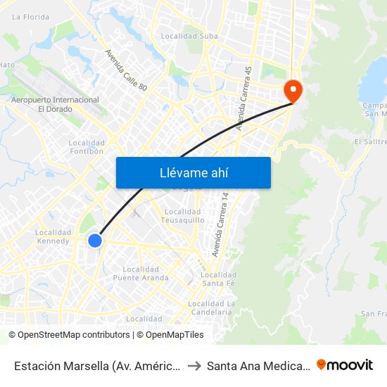 Estación Marsella (Av. Américas - Kr 69b) to Santa Ana Medical Center map