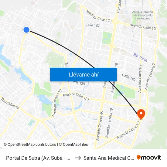 Portal De Suba (Av. Suba - Kr 106) to Santa Ana Medical Center map
