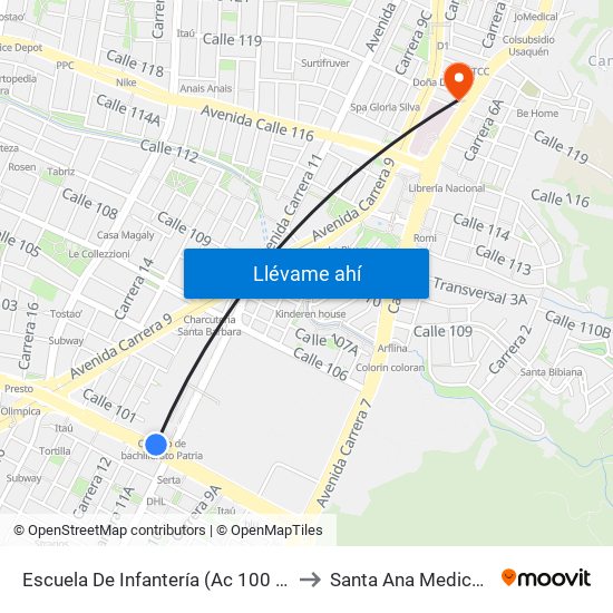 Escuela De Infantería (Ac 100 - Kr 11a) (B) to Santa Ana Medical Center map