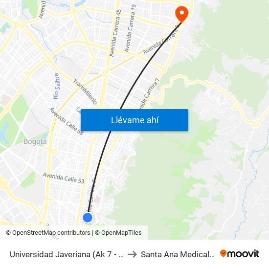 Universidad Javeriana (Ak 7 - Cl 40) (B) to Santa Ana Medical Center map