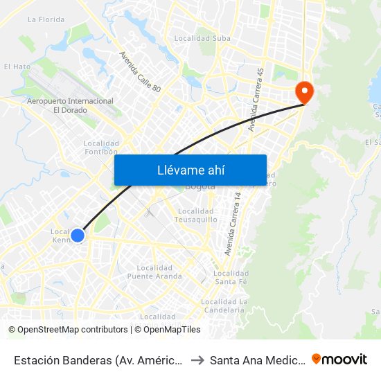 Estación Banderas (Av. Américas - Kr 78a) (A) to Santa Ana Medical Center map