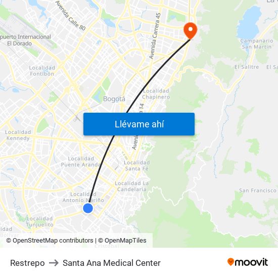 Restrepo to Santa Ana Medical Center map