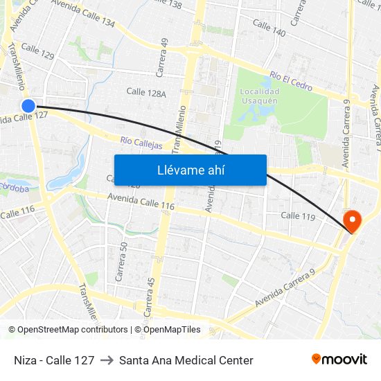 Niza - Calle 127 to Santa Ana Medical Center map