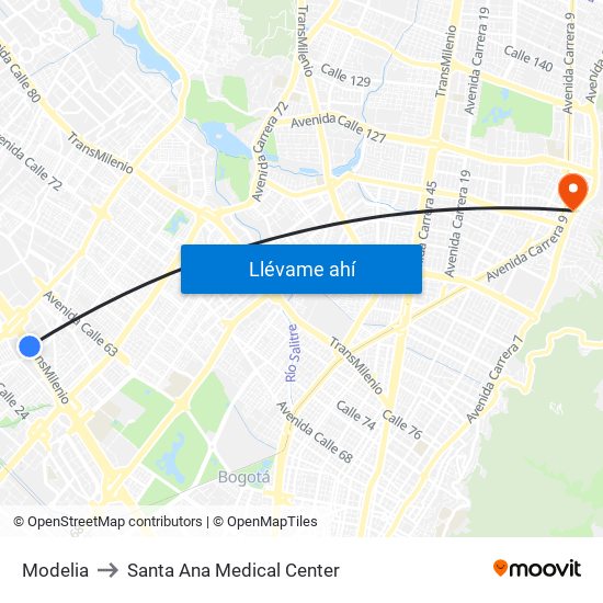 Modelia to Santa Ana Medical Center map