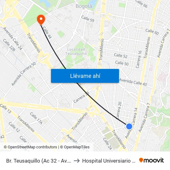 Br. Teusaquillo (Ac 32 - Av. Caracas) to Hospital Universiario Nacional map