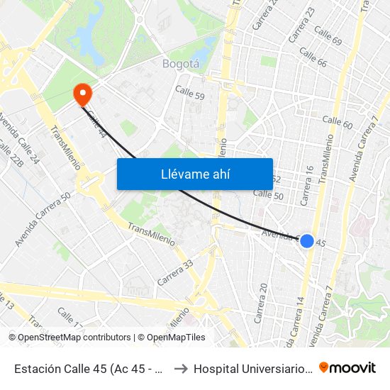 Estación Calle 45 (Ac 45 - Av. Caracas) to Hospital Universiario Nacional map
