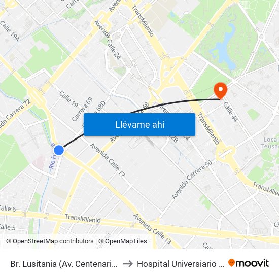 Br. Lusitania (Av. Centenario - Ak 68d) to Hospital Universiario Nacional map