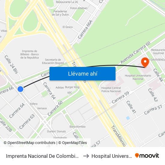 Imprenta Nacional De Colombia (Av. Esperanza - Kr 66) to Hospital Universiario Nacional map
