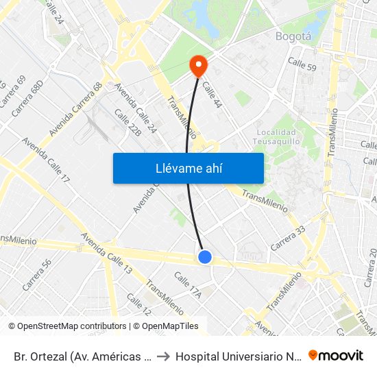 Br. Ortezal (Av. Américas - Tv 39) to Hospital Universiario Nacional map