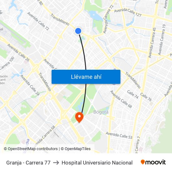 Granja - Carrera 77 to Hospital Universiario Nacional map