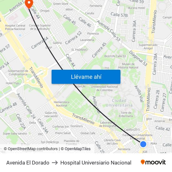 Avenida El Dorado to Hospital Universiario Nacional map