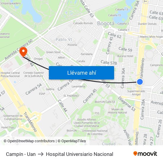 Campín - Uan to Hospital Universiario Nacional map