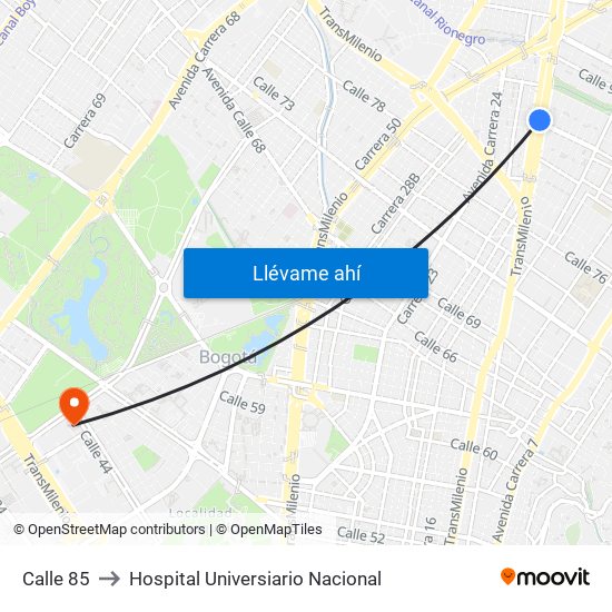 Calle 85 to Hospital Universiario Nacional map