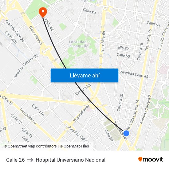 Calle 26 to Hospital Universiario Nacional map