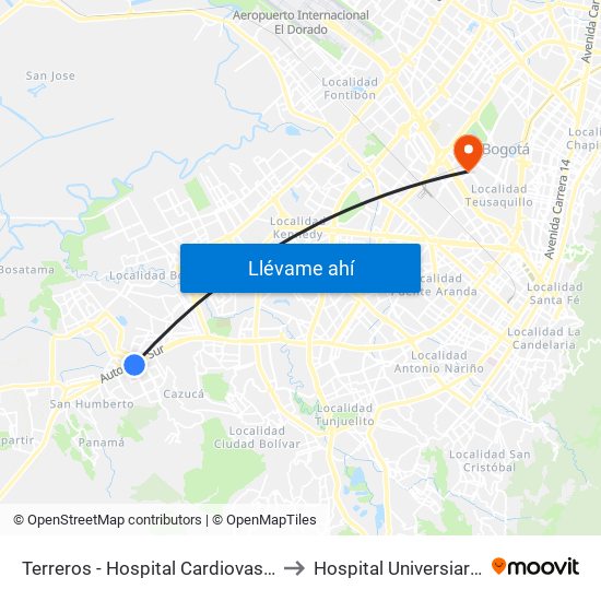 Terreros - Hospital Cardiovascular (Lado Sur) to Hospital Universiario Nacional map