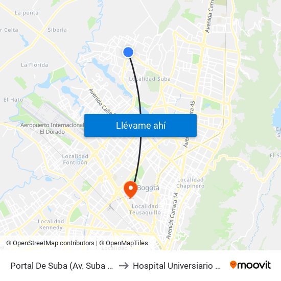 Portal De Suba (Av. Suba - Kr 106) to Hospital Universiario Nacional map