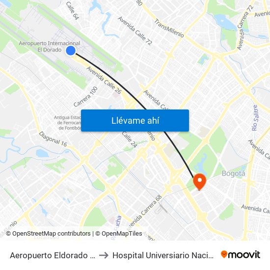 Aeropuerto Eldorado (B) to Hospital Universiario Nacional map