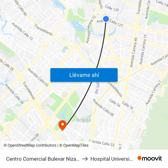 Centro Comercial Bulevar Niza (Ac 127 - Av. Suba) to Hospital Universiario Nacional map