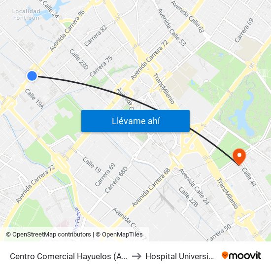 Centro Comercial Hayuelos (Av. C. De Cali - Cl 20) to Hospital Universiario Nacional map