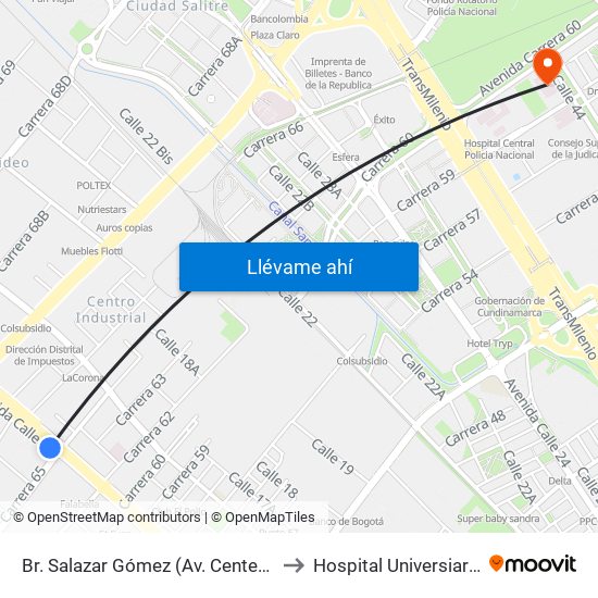 Br. Salazar Gómez (Av. Centenario - Kr 65) (A) to Hospital Universiario Nacional map