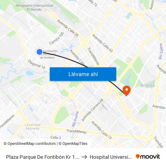 Plaza Parque De Fontibón Kr 100 (Kr 100 - Cl 17a) to Hospital Universiario Nacional map