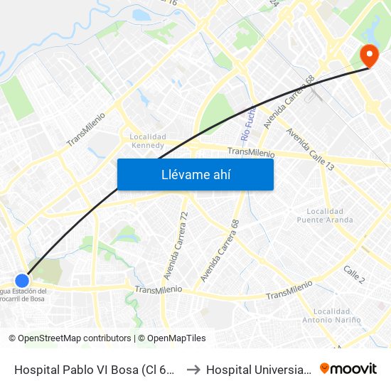 Hospital Pablo VI Bosa (Cl 63 Sur - Kr 77g) (A) to Hospital Universiario Nacional map