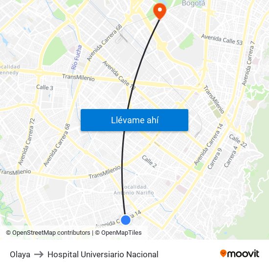 Olaya to Hospital Universiario Nacional map