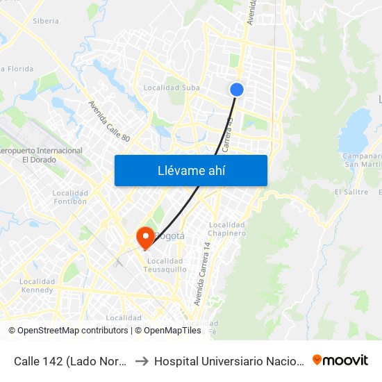 Calle 142 (Lado Norte) to Hospital Universiario Nacional map