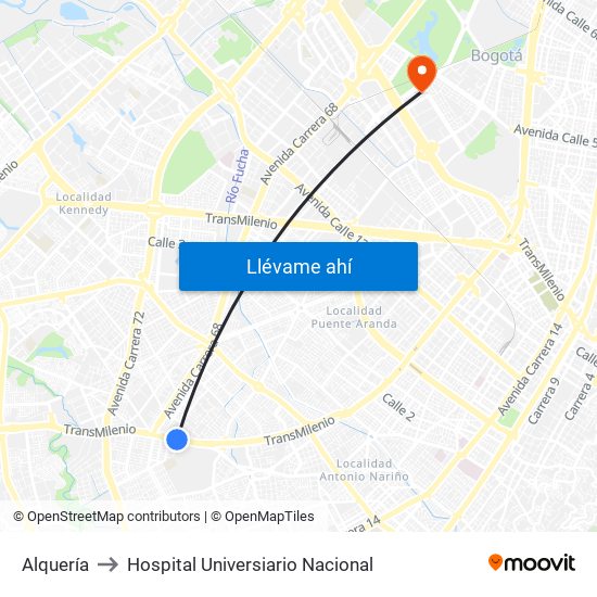 Alquería to Hospital Universiario Nacional map