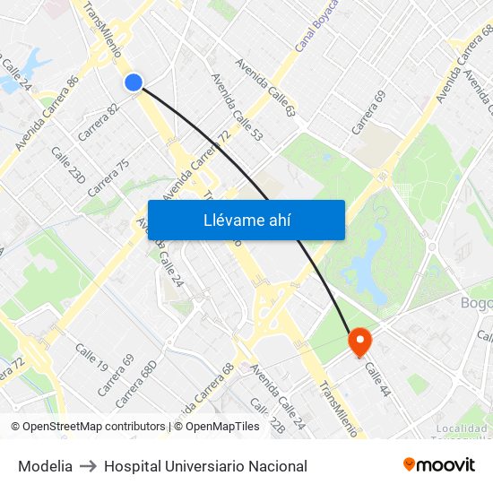 Modelia to Hospital Universiario Nacional map