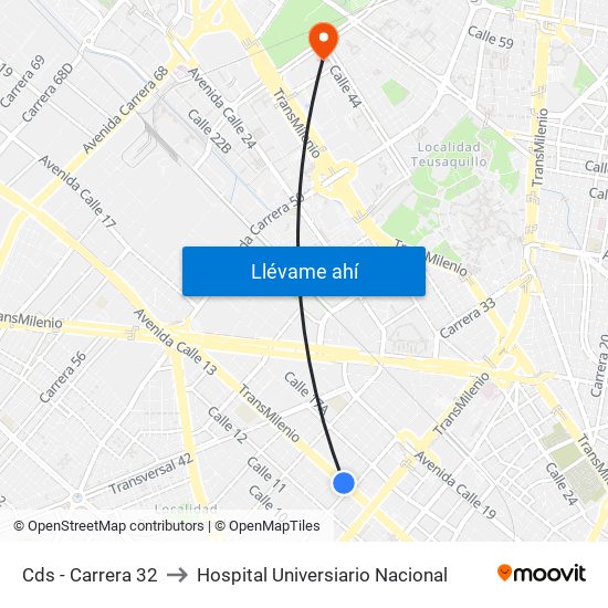 Cds - Carrera 32 to Hospital Universiario Nacional map