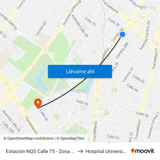 Estación NQS Calle 75 - Zona M (Av. NQS - Cl 75) to Hospital Universiario Nacional map