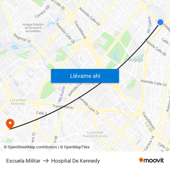 Escuela Militar to Hospital De Kennedy map