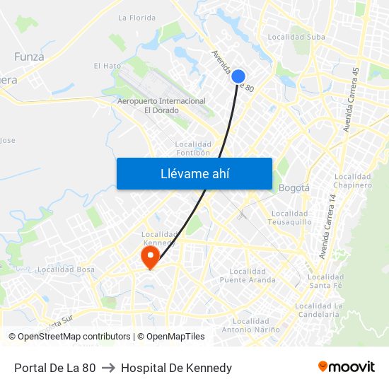 Portal De La 80 to Hospital De Kennedy map