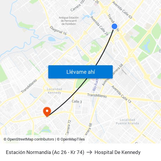 Estación Normandía (Ac 26 - Kr 74) to Hospital De Kennedy map