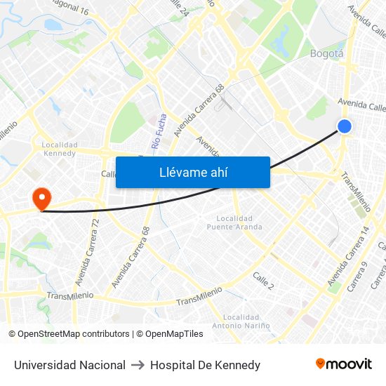 Universidad Nacional to Hospital De Kennedy map