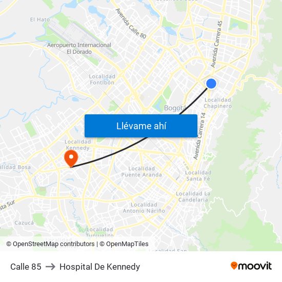 Calle 85 to Hospital De Kennedy map