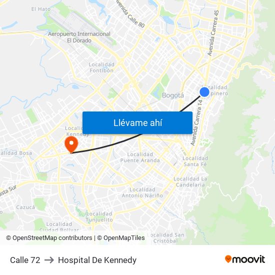 Calle 72 to Hospital De Kennedy map