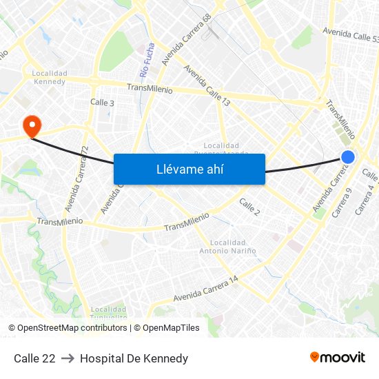 Calle 22 to Hospital De Kennedy map