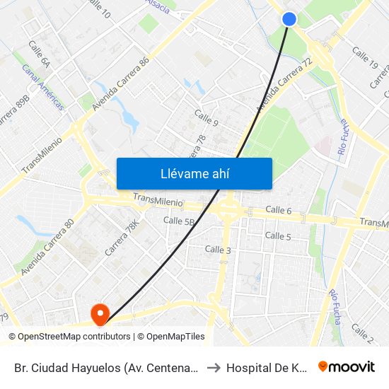 Br. Ciudad Hayuelos (Av. Centenario - Kr 78g) to Hospital De Kennedy map